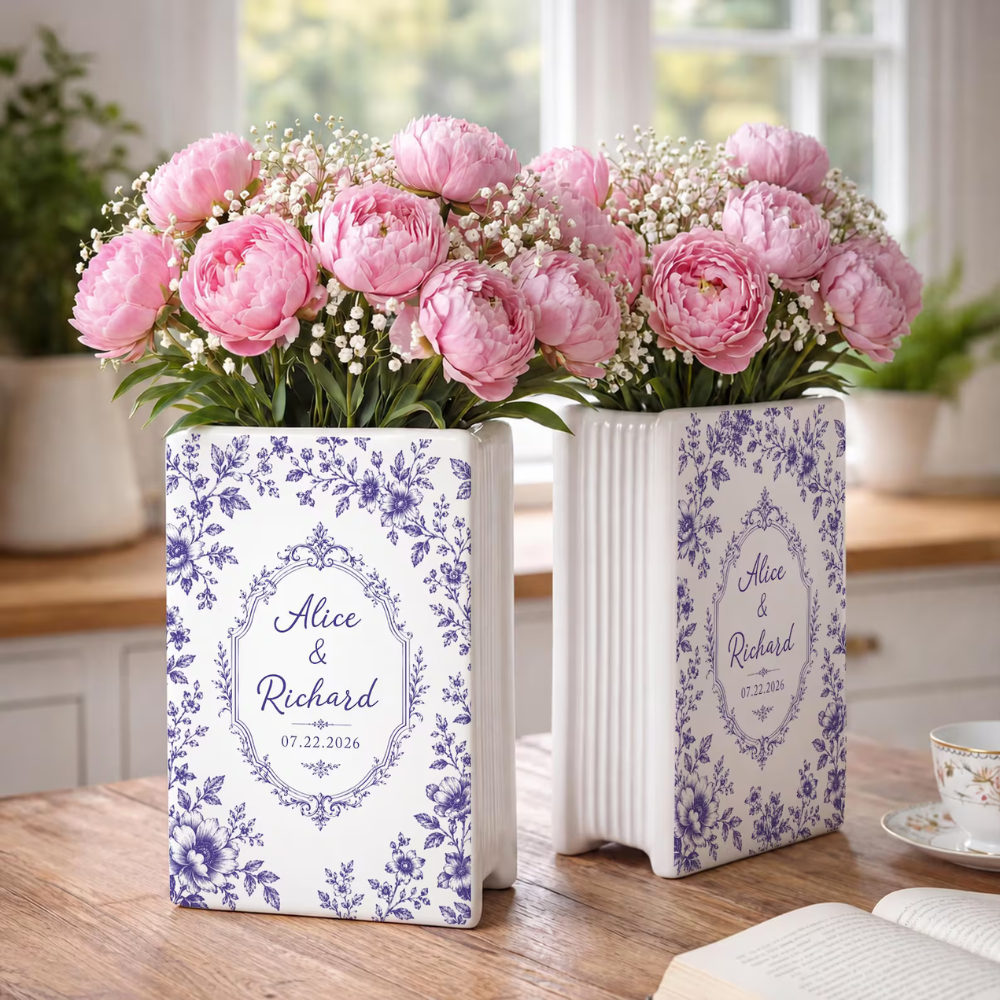 Personalized Toile De Jouy Floral Engaged Ceramic Book Vase, Custom Couple Name Engagement Book Vase WD0552