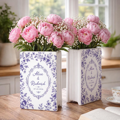 Personalized Toile De Jouy Floral Engaged Ceramic Book Vase, Custom Couple Name Engagement Book Vase WD0552