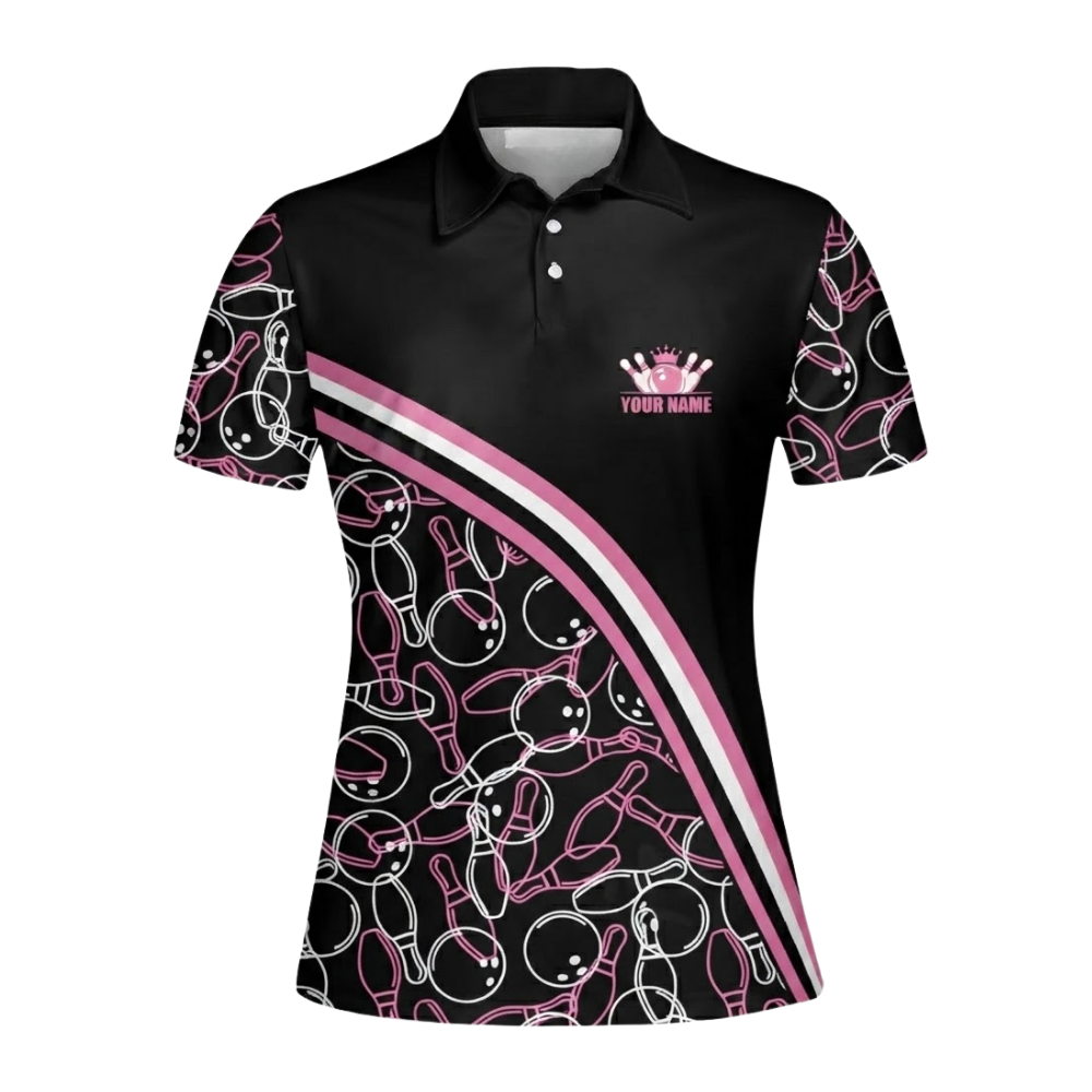 Custom Black Pink Bowling Team Polo Shirts For Ladies, Custom Womens Bowling Shirts BZ0492