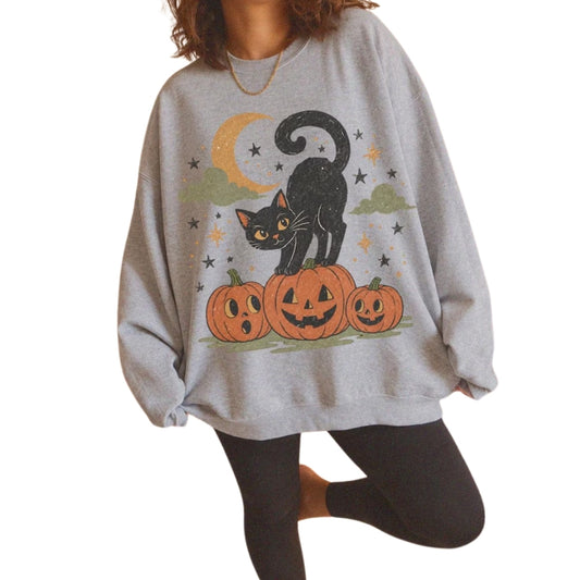 Black Cat Pumpkin Halloween Sweatshirt, Halloween Sweatshirt For Cat Lover 2D0990