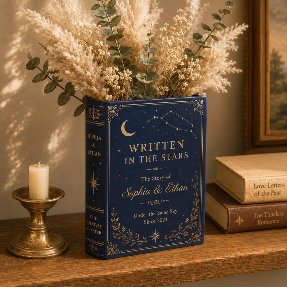 Written In The Stars Custom Wedding Mid Night Ceramic Book Vase, Custom Wedding Anniversary Engagement Book Vase For Stargazers WD0563