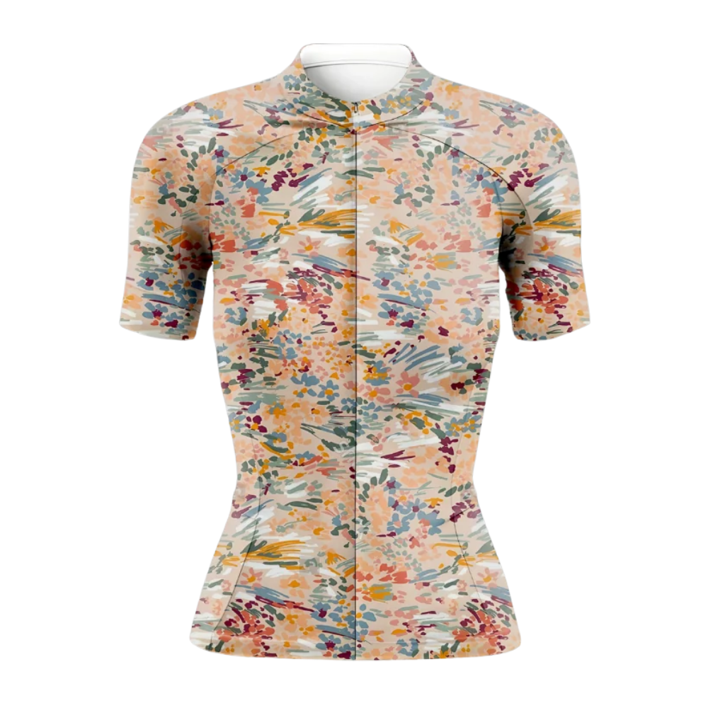Blooming Flowers Cycling Short Sleeve Jersey Womens, Ladies Floral Beige Cycling Jersey CG0868