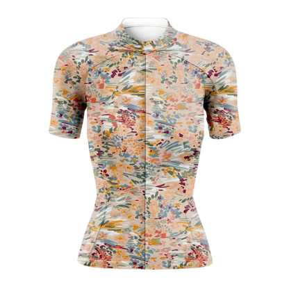 Blooming Flowers Cycling Short Sleeve Jersey Womens, Ladies Floral Beige Cycling Jersey CG0868