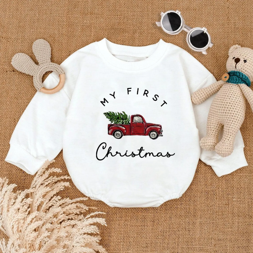 Red Truck My First Christmas Baby Romper Sweatshirt, Baby’s First Christmas Romper Sweatshirt BB0146