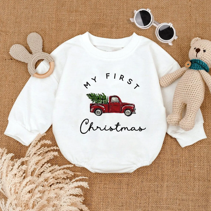 Red Truck My First Christmas Baby Romper Sweatshirt, Baby’s First Christmas Romper Sweatshirt BB0146
