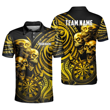 Custom Skull Black Cyan Darts Polo Shirt For Men, Custom Tribal Skull Dart Team Shirt DZ0088