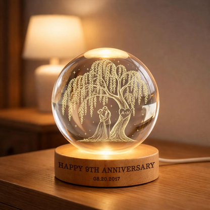 9th Wedding Anniversary Custom Willow Tree Crystal Ball Led Night Light, Custom 9 Years Anniversary Night Light WD0826