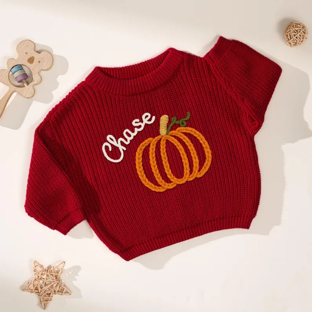 Custom Name Pumpkin Baby Embroidered Knit Sweater, Personalized Thanksgiving Baby Sweatshirt BB0762
