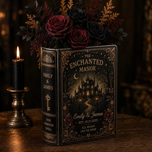 The Enchanted Manor Custom Gothic Wedding Ceramic Book Vase, Custom Gothic Halloween Wedding Engagement Book Vase WD0567