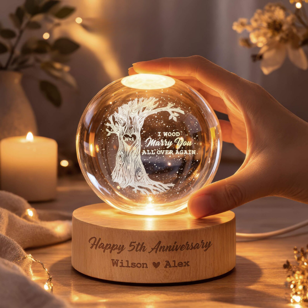 I Wood Marry You All Over Again Custom Couple Crystal Led Night Light, Custom 5 Years Wedding Keepsake Night Light WD0896