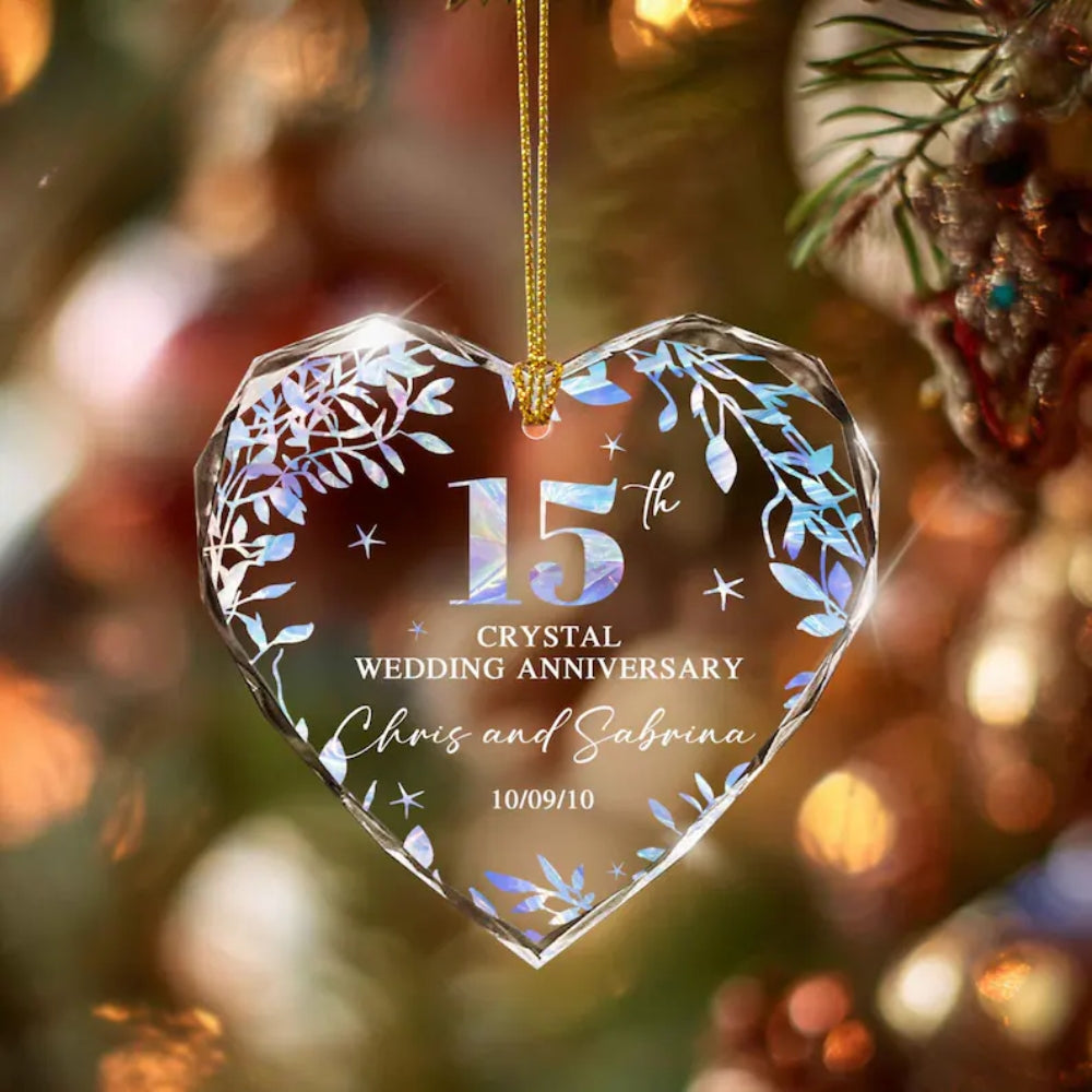 Personalized 15th Crystal Wedding Anniversary Glass Ornament, Personalized 15 Year Anniversary Ornament WD0014