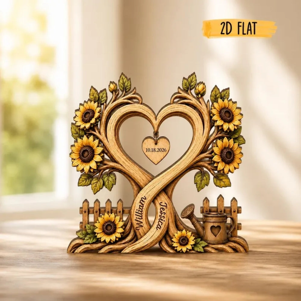 Custom Sunflower Couple Name Layer Wooden Plaque, Personalized Floral Wedding Keepsake Wooden Block WD0949