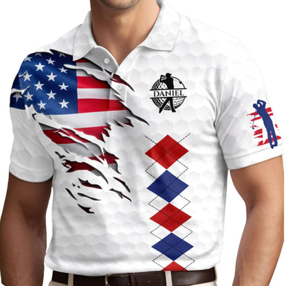 Custom American Flag Argyle Golf Men Polo Shirt, Custom Patriotic Golf Shirts GZ0255