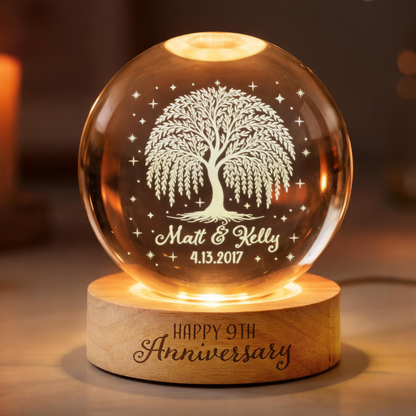 Happy 9th Anniversary Custom Willow Tree Crystal Ball Led Night Light, Personalized 9 Years Wedding Night Light WD0897