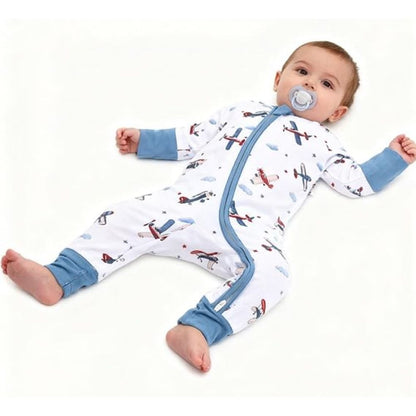 Airplane Baby Convertible Zipper Romper Blue And White, Aircraft Baby Romper Convertible BB0385