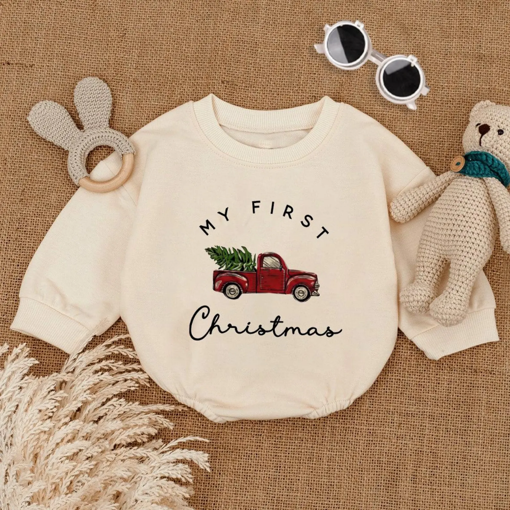 Red Truck My First Christmas Baby Romper Sweatshirt, Baby’s First Christmas Romper Sweatshirt BB0146