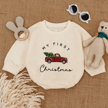 Red Truck My First Christmas Baby Romper Sweatshirt, Baby’s First Christmas Romper Sweatshirt BB0146