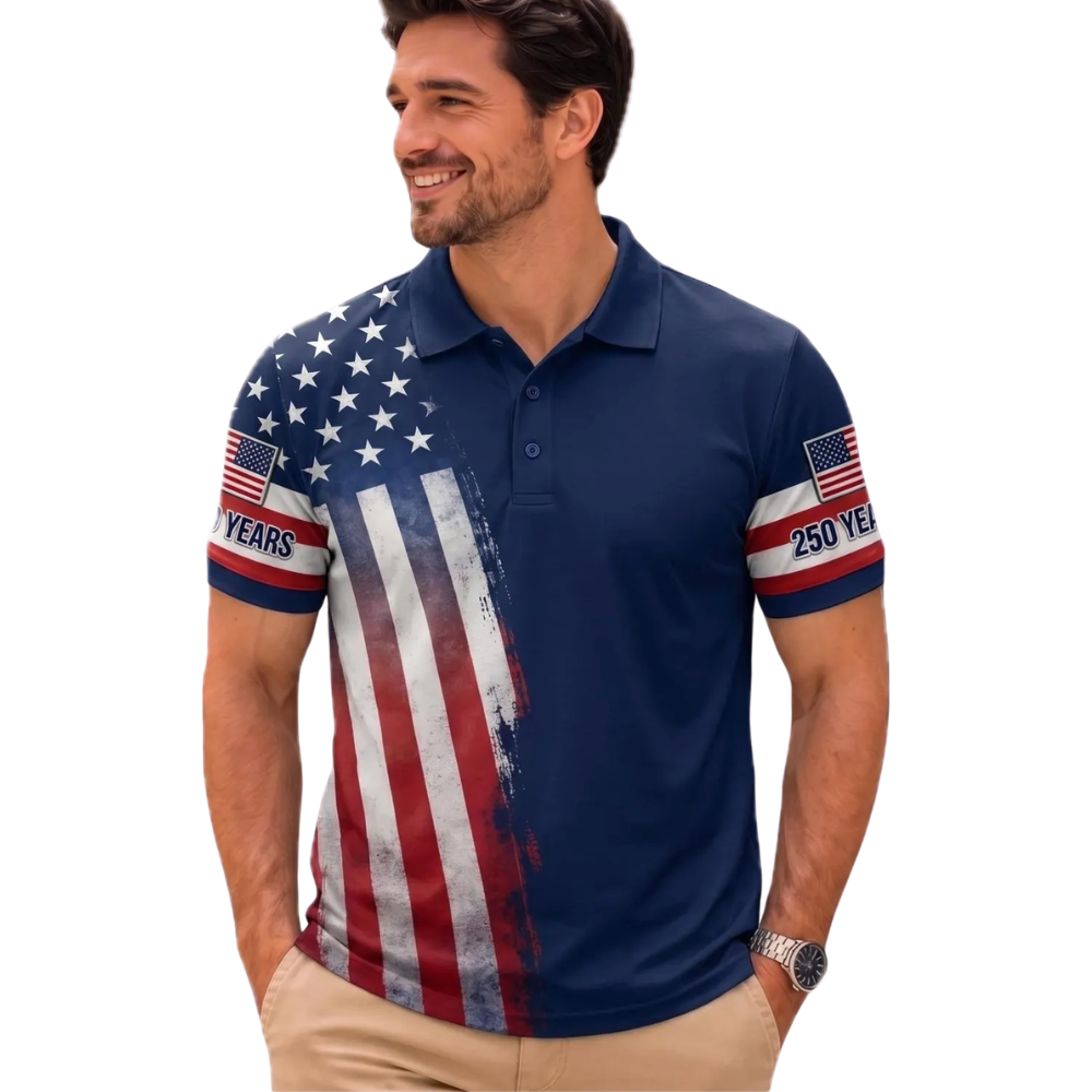 Men's American Flag Navy Golf Polo Shirt, 4th Of July Patriotic Golf Shirts GE0533