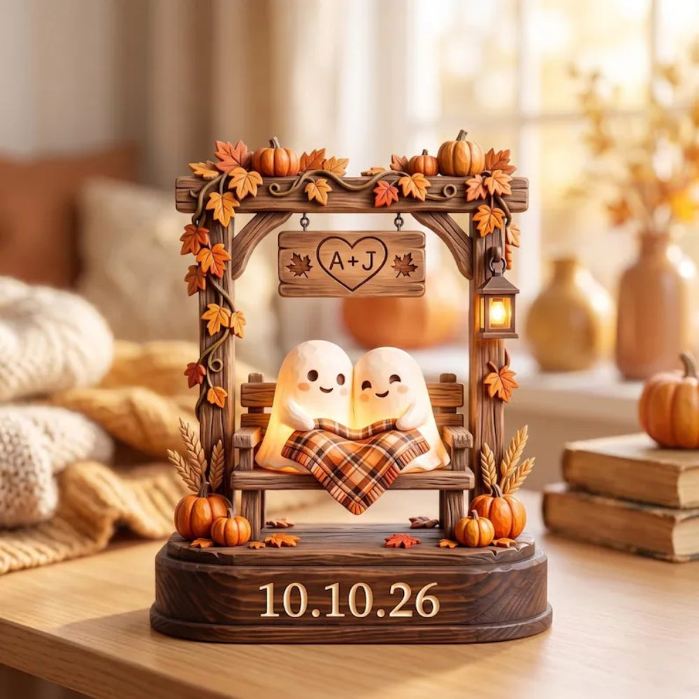 Ghost Couple Custom Pumpkin Wedding Wooden Block, Custom Wedding Halloween Wooden Plaque Keepsake WD0784