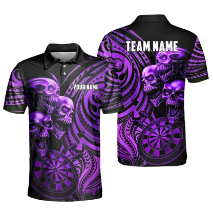 Custom Skull Black Cyan Darts Polo Shirt For Men, Custom Tribal Skull Dart Team Shirt DZ0088