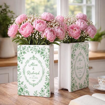 Personalized Toile De Jouy Floral Engaged Ceramic Book Vase, Custom Couple Name Engagement Book Vase WD0552