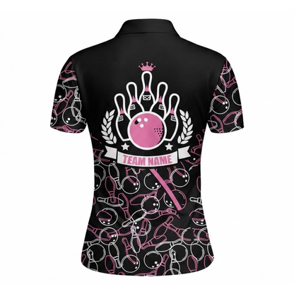 Custom Black Pink Bowling Team Polo Shirts For Ladies, Custom Womens Bowling Shirts BZ0492