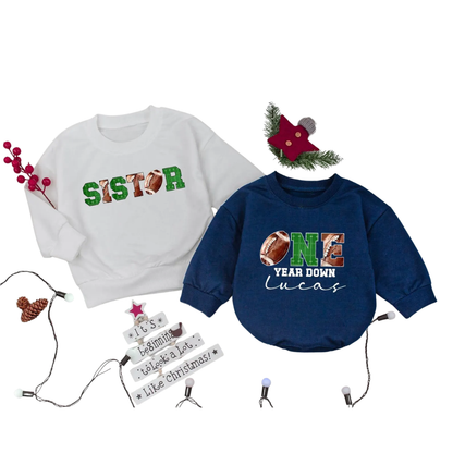 One Year Down Custom Football First Birthday Matching Family Sweatshirt, Personalized 1st Birthday Football Sweaters For Family ET1566