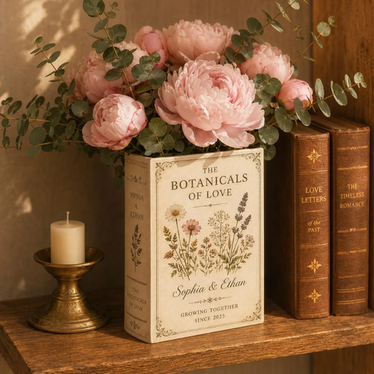 Custom The Botanicals Of Love Wedding Ceramic Book Vase, Custom Couple Name Floral Book Vase For Wedding Engagement Anniversary WD0564