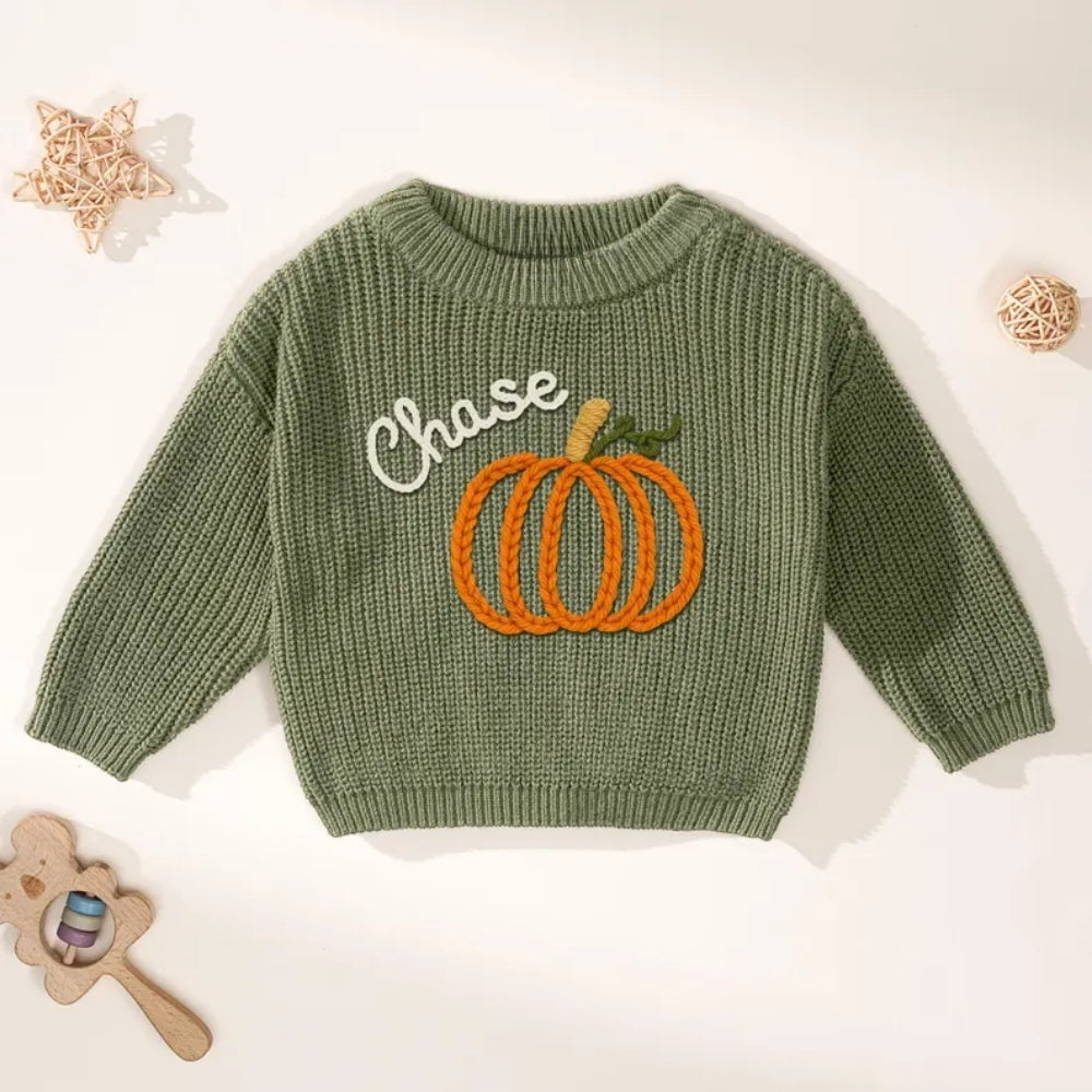 Custom Name Pumpkin Baby Embroidered Knit Sweater, Personalized Thanksgiving Baby Sweatshirt BB0762