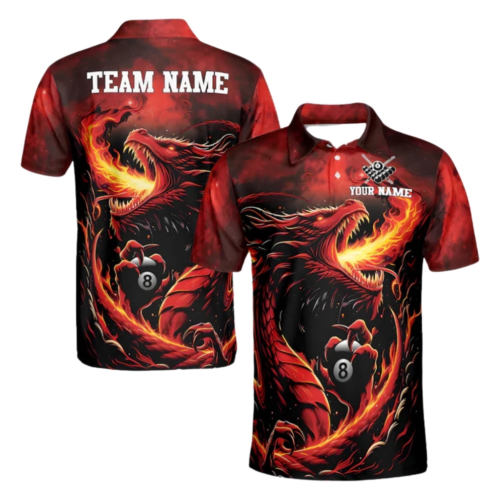 Custom Flame Dragon 8 Ball Billiard Men's Polo Shirts, Custom Dragon Team Billiard Shirts BIE0038