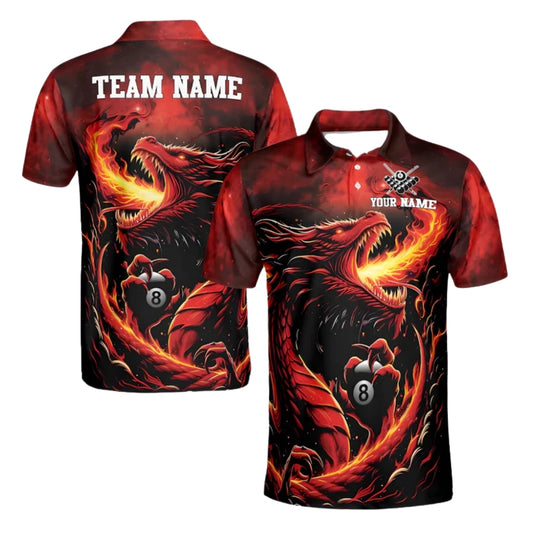 Custom Flame Dragon 8 Ball Billiard Men's Polo Shirts, Custom Dragon Team Billiard Shirts BIE0038