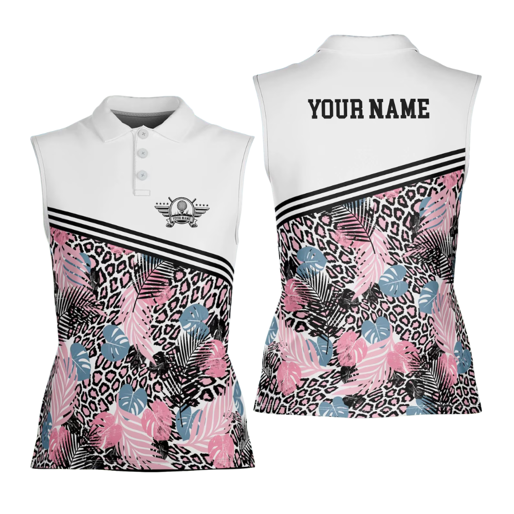 Custom Pink Leopard Tropical Sleeveless Golf Shirt For Ladies, Women Custom Leopard Golf Shirts GE0517