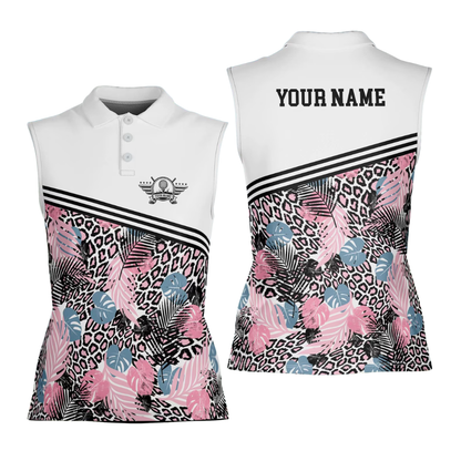 Custom Pink Leopard Tropical Sleeveless Golf Shirt For Ladies, Women Custom Leopard Golf Shirts GE0517
