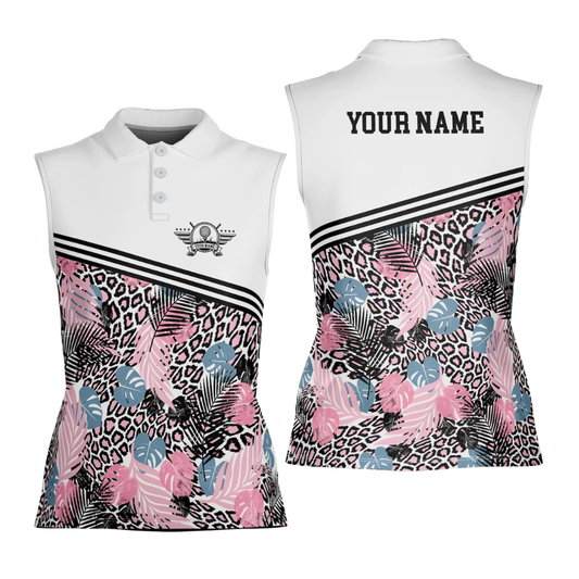 Custom Pink Leopard Tropical Sleeveless Golf Shirt For Ladies, Women Custom Leopard Golf Shirts GE0517