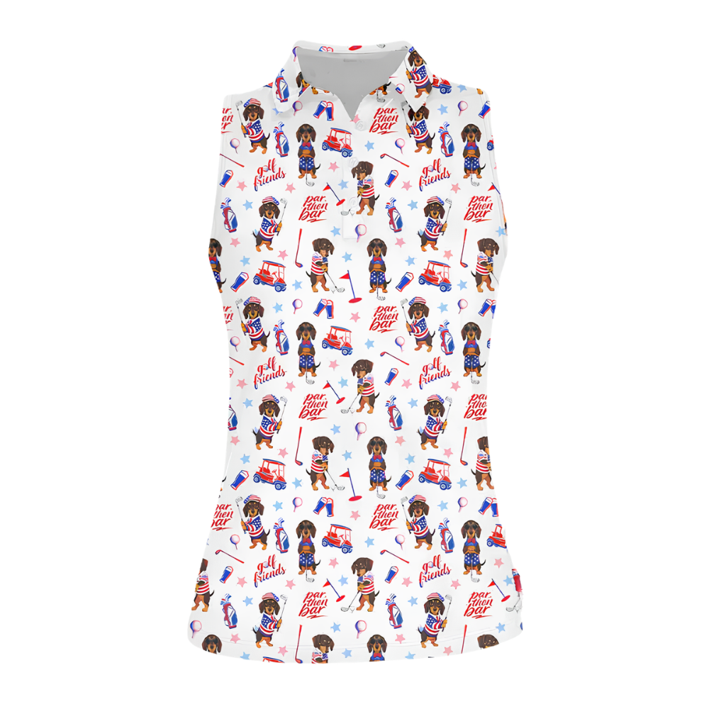 Dachshund Par Then Par USA Flag Sleeveless Golf Shirt For Ladies, 4th Of July Dachshund Golf Shirt For Women GE0482