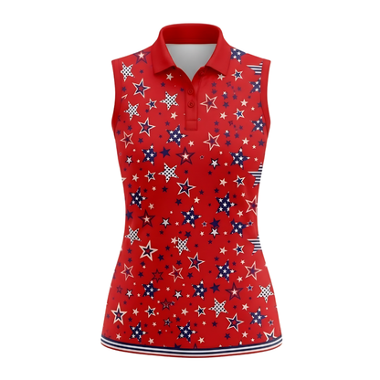 Women's Star American Flag Red Sleeveless Golf Shirt, 4th Of July Golf Shirts For Women GE0441