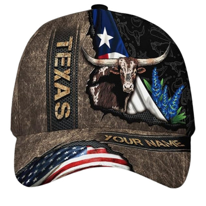 Custom Longhorn Texas Flag Baseball Cap, Custom Longhorn Cap Hat CP0469