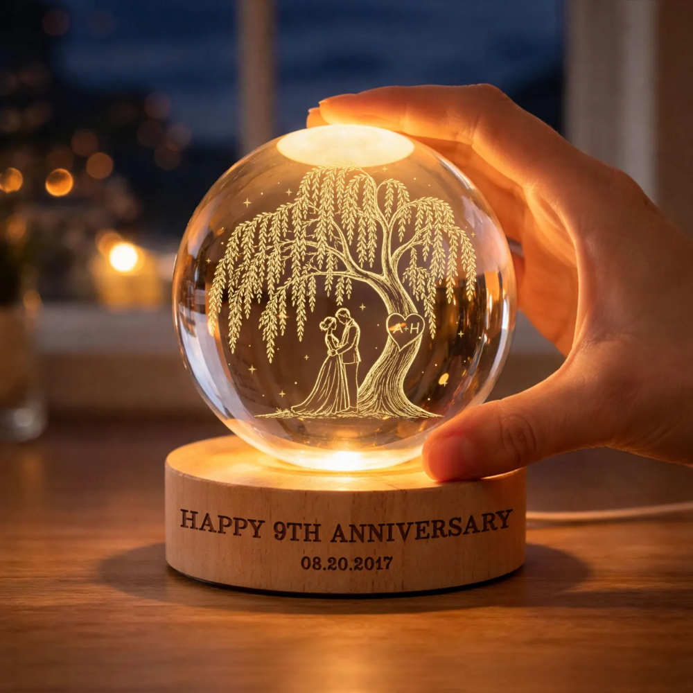 9th Wedding Anniversary Custom Willow Tree Crystal Ball Led Night Light, Custom 9 Years Anniversary Night Light WD0826
