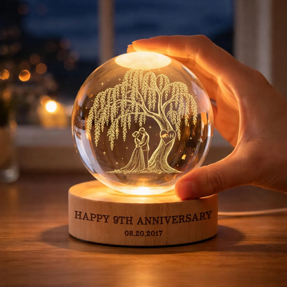 9th Wedding Anniversary Custom Willow Tree Crystal Ball Led Night Light, Custom 9 Years Anniversary Night Light WD0826