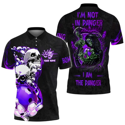 I'm Not In Danger I'm The Danger Custom Skeleton Bowling Men Polo Shirt, Custom Name Skull Bowling Shirts BZ0463
