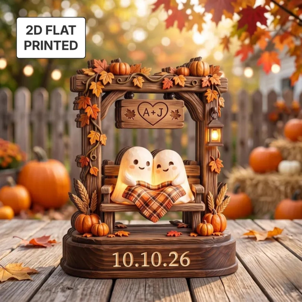 Ghost Couple Custom Pumpkin Wedding Wooden Block, Custom Wedding Halloween Wooden Plaque Keepsake WD0784