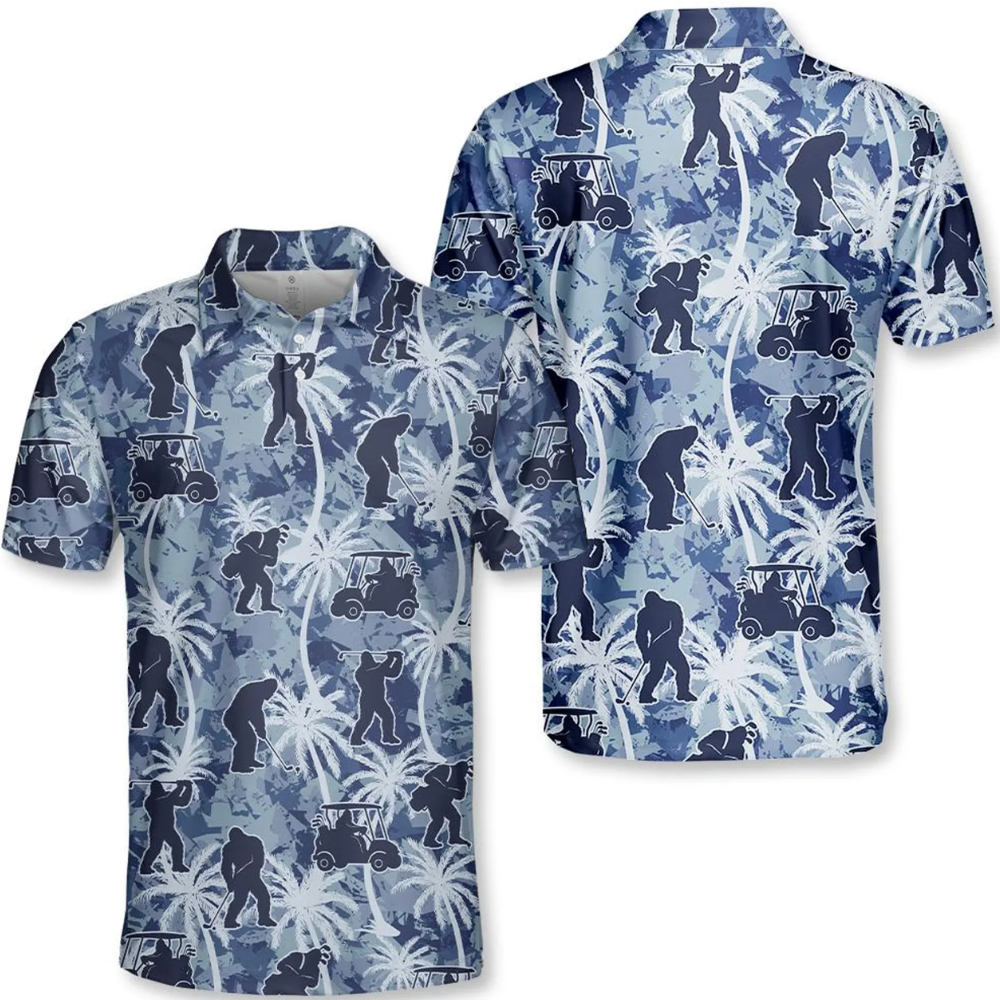 Tropical Bigfoot Golf Mens Polo Shirt Blue, Sasquatch Tropical Golf Shirts GZ0318