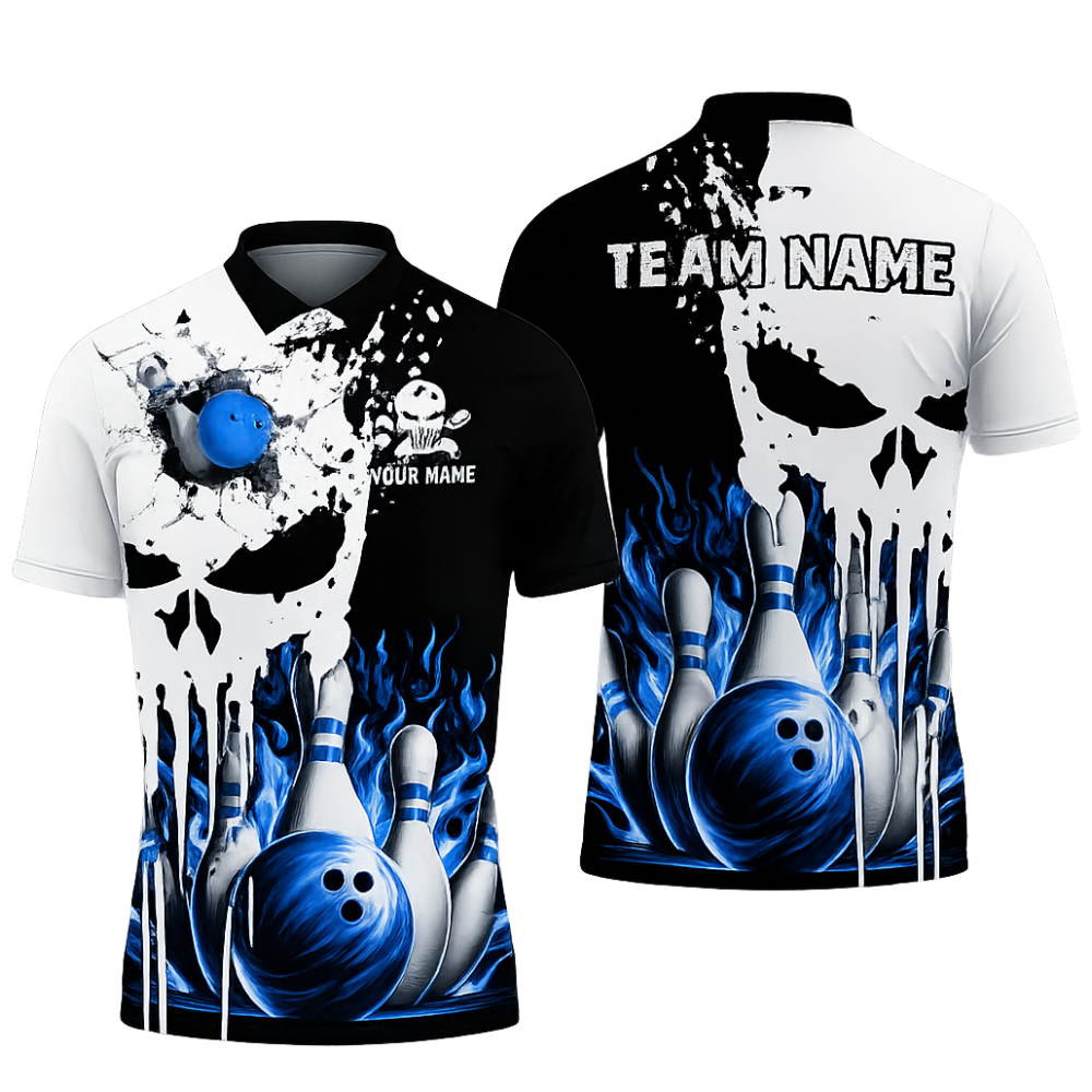 Custom Skeleton Mens Blue Flame Bowling Polo Shirt, Custom Skull Bowling Team Shirts BZ0464