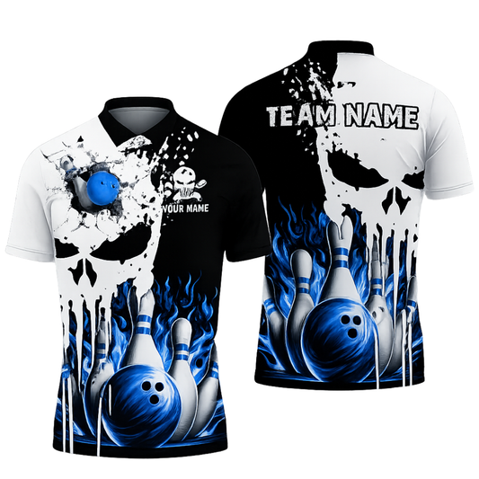 Custom Skeleton Mens Blue Flame Bowling Polo Shirt, Custom Skull Bowling Team Shirts BZ0464