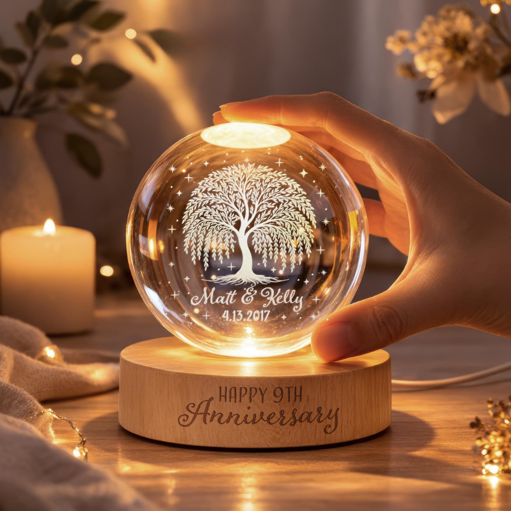 Happy 9th Anniversary Custom Willow Tree Crystal Ball Led Night Light, Personalized 9 Years Wedding Night Light WD0897
