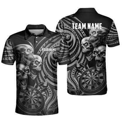 Custom Skull Black Cyan Darts Polo Shirt For Men, Custom Tribal Skull Dart Team Shirt DZ0088