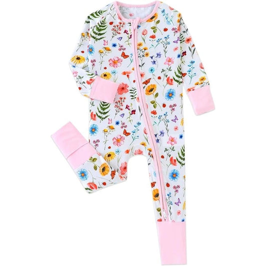 Butterflies Flowers Baby Pink Convertible Zippy Romper, Floral Baby Convertible Romper BB0386