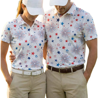 Firework Matching White Red Blue Couple Golf Polo Shirts, Matching 4th Of July Golf Shirts For His And Her GE0530