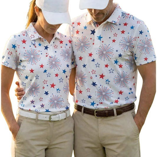 Firework Matching White Red Blue Couple Golf Polo Shirts, Matching 4th Of July Golf Shirts For His And Her GE0530