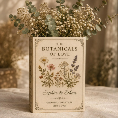 Custom The Botanicals Of Love Wedding Ceramic Book Vase, Custom Couple Name Floral Book Vase For Wedding Engagement Anniversary WD0564
